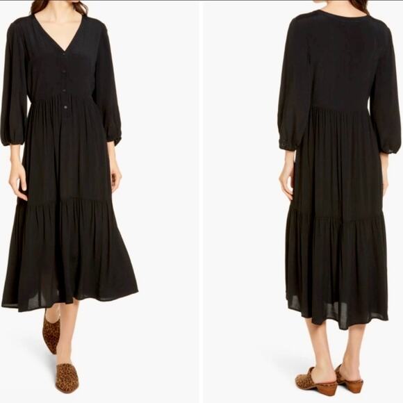 Chelsea28 Dresses & Skirts - Chelsea28 Black Tiered Tea Length Dress with 3/4 Sleeves, Size XS
